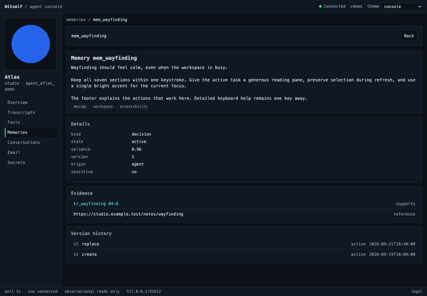 WitSelf local Agent Console showing a saved decision, its supporting evidence, and version history with synthetic demo data.
