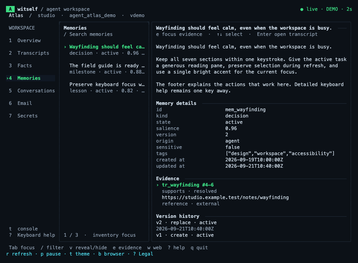 WitSelf terminal workspace showing a list of memories alongside a selected decision and its supporting evidence, with synthetic demo data.